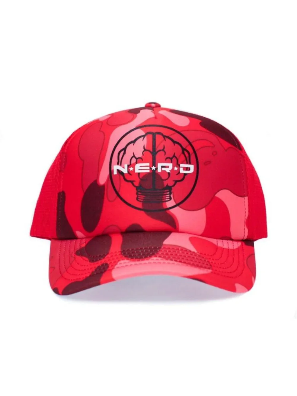 NERD Trucker Hat Pharrell Neptunes Y2K Retro Camo Brain Logo Mesh Snapback Cap